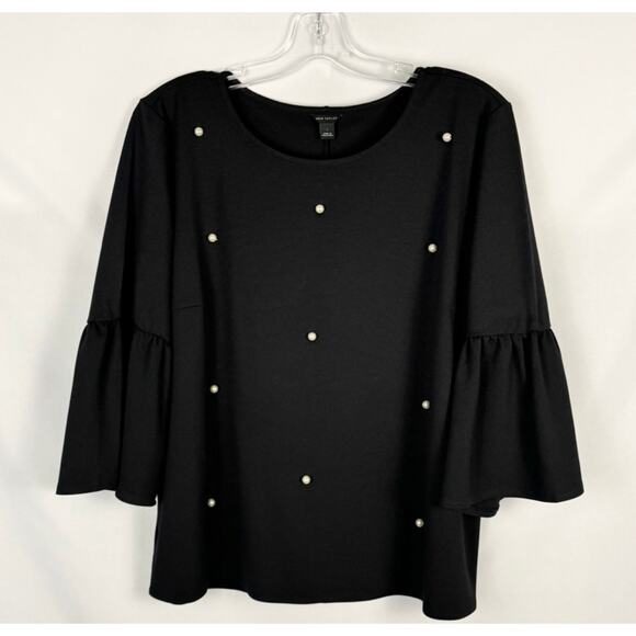 Womens Ann Taylor Black Pearl Embellished Top Size L Career Classic Church Comfy - Picture 1 of 6